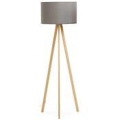 Lampadaire trpied scandinave 'Sttiv' abat-jour en tissu gris 3 pieds en bois naturel