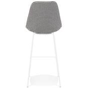 Tabouret de bar 'KESKI' en tissu pied de poule 4 pieds et repose pieds en métal blanc dossier haut