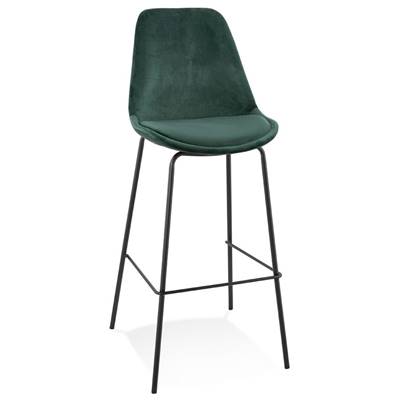 Tabouret de bar baroque 'KESKI' en velours vert 4 pieds et repose pieds en métal noir dossier haut