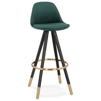 Tabouret de bar 'MODEN' velours vert 4 pieds bois noir repose pieds et pieds métal doré dossier haut