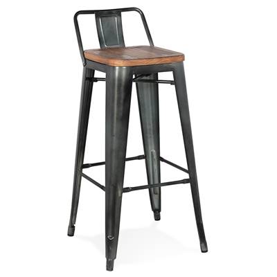Tabouret de bar design industriel carré 'METALLO' assise bois avec dossier 4 pieds métal gris foncé