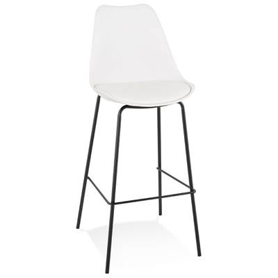 Tabouret de bar design moderne 'KESKI' blanc avec 4 pieds et repose pieds en métal noir dossier haut