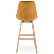 Tabouret de bar design scandinave 'CHAIRMAN' en velours moutarde 4 pieds bois naturel dossier haut