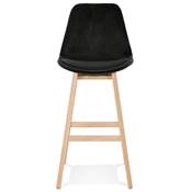 Tabouret de bar design scandinave 'CHAIRMAN' en velours noir 4 pieds en bois naturel et dossier haut