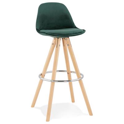 Tabouret bar scandinave 'CIRCLE' velours vert 4 pieds bois naturel repose pieds chromé dossier haut