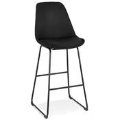 Tabouret de bar design 'GUSTO' en tissu noir pieds tréteaux et repose pieds métal noir dossier haut