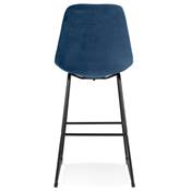 Tabouret de bar 'GUSTO' en velours bleu pieds tréteaux et repose pieds en métal noir dossier haut