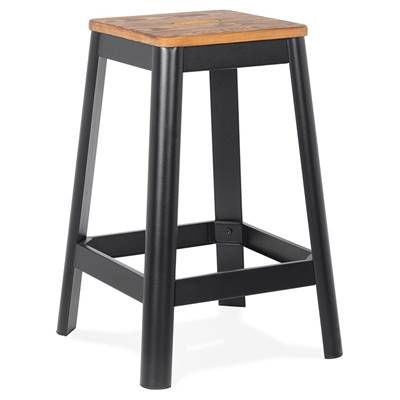 Tabouret de snack mi-hauteur style industriel carré 'FABBRICA MINI' assise bois 4 pieds métal noir