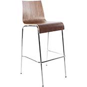Tabouret de bar design 'Kadra' en bois noyer avec 4 pieds en métal chromé et dossier haut