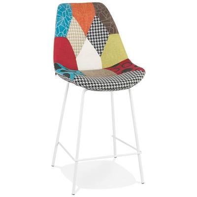 Tabouret de snack mi-hauteur 'KESKI MINI' tissu patchwork mulitcolor 4 piedsmétal blanc dossier haut