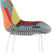 Tabouret de snack mi-hauteur 'KESKI MINI' tissu patchwork mulitcolor 4 piedsmétal blanc dossier haut