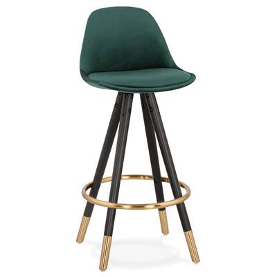 Tabouret snack mi-hauteur 'MODEN MINI' velours vert 4 pieds bois noir pieds métal doré dossier haut