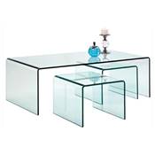 Table basse + 2 tables d'appoint gigognes 'Clear Club' en verre trempé transparent – 90 x 50 cm