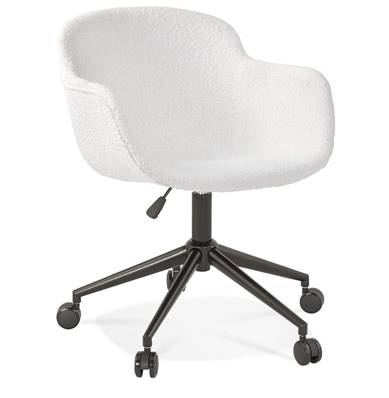 Chaise design de bureau à roulette 'SOFT' en tissu bouclé blanc avec 5 pieds en métal noir