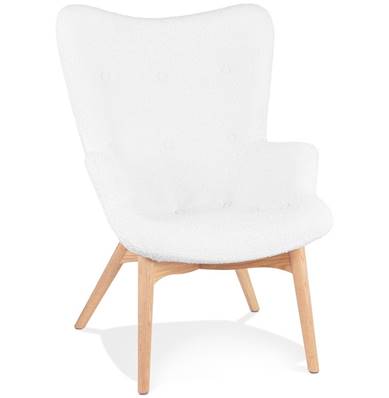Fauteuil à oreilles capitonné design scandinave 'ELEGAN' en tissu bouclé blanc pieds en bois naturel
