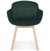 Chaise design à accoudoirs 'MAJESTY' en velours vert et 4 pieds en bois naturel