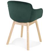 Chaise design à accoudoirs 'MAJESTY' en velours vert et 4 pieds en bois naturel