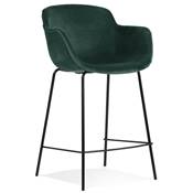 Tabouret de snack design à accoudoirs 'CARINO MINI' en velours vert 4 pieds métal noir dossier haut