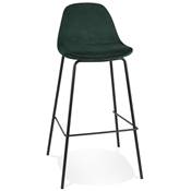 Tabouret de bar design style baroque 'Tekno' en velours vert 4 pieds en métal noir et dossier haut