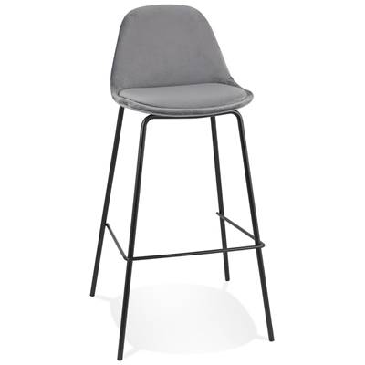 Tabouret de bar design style baroque 'Tekno' en velours gris 4 pieds en métal noir et dossier haut