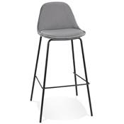 Tabouret de bar design style baroque 'Tekno' en velours gris 4 pieds en métal noir et dossier haut