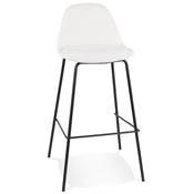 Tabouret de bar design moderne 'Tekno' en tissu bouclé blanc avec 4 pieds métal noir et dossier haut