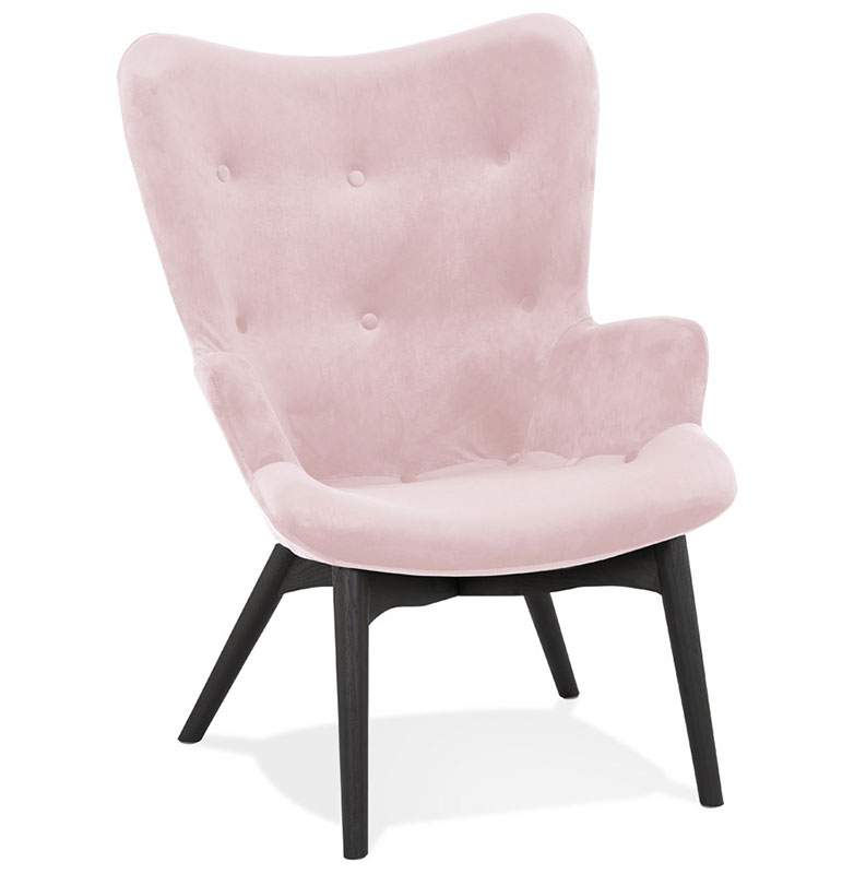 Fauteuil à oreilles capitonné design 'ELEGAN' en velours rose pieds en bois noir
