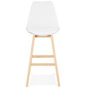 Tabouret de bar design scandinave 'Chairman' blanc avec 4 pieds en bois naturel et dossier haut