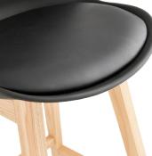 Tabouret de bar design scandinave 'Chairman' noir avec 4 pieds en bois naturel et dossier haut