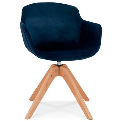 Chaise design de style scandinave à accoudoirs 'VOGAN' en velours bleu avec 4 pieds en bois naturel
