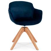 Chaise design de style scandinave à accoudoirs 'VOGAN' en velours bleu avec 4 pieds en bois naturel