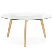 Table basse de salon scandinave ronde 'Kölmy' plateau en verre et 3 pieds en bois – Ø 90 cm