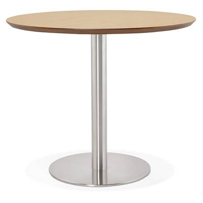 Petite table à diner / de bureau ronde 'Elea' plateau bois pied central acier brossé - Ø 90 cm