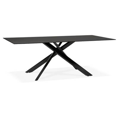 Table de salle à manger 'Tepee Verre' plateau en verre trempé noir pieds métal noir - 200 x 100 cm