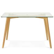 Table à diner / bureau droit scandinave 'Skanör' plateau verre 4 pieds en bois naturel - 120 x 80 cm
