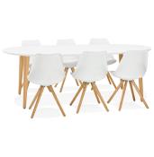 Table / table de réunion extensible ronde scandinave 'Fika' blanche 4 pieds en bois naturel – 120(220) x 120 cm