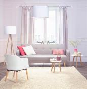 Lampadaire trépied scandinave 'Stätiv' abat-jour en tissu blanc 3 pieds en bois naturel