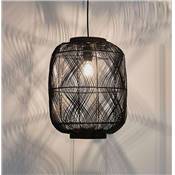 Suspension design ronde 'OMBRA' abat jour rotin noir structure métal noir réglable en hauteur