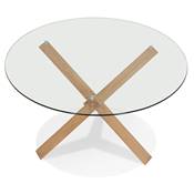 Table ronde design 'FAST GLAS' plateau en verre trempé transparent pieds Chêne massif - Ø 120 cm