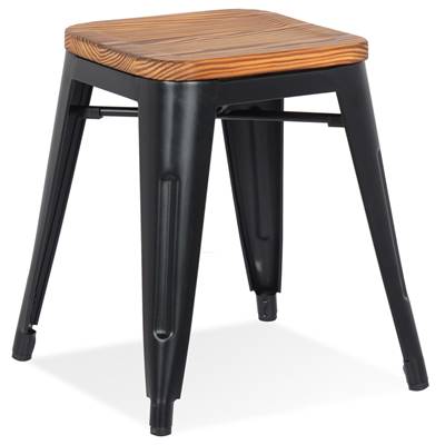 Tabouret bas design de style industriel carré 'FABBRICA' assise en bois avec 4 pieds en métal noir