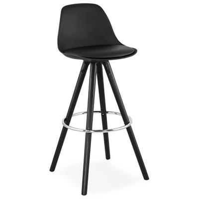 Tabouret de bar 'BLACK CIRCLE' noir 4 pieds en bois noir repose pieds en métal chromé dossier haut