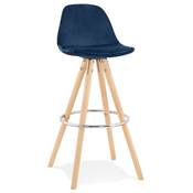 Tabouret bar scandinave 'CIRCLE' velours bleu 4 pieds bois naturel repose pieds chromé dossier haut