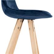 Tabouret bar scandinave 'CIRCLE' velours bleu 4 pieds bois naturel repose pieds chromé dossier haut