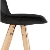 Tabouret bar scandinave 'CIRCLE' velours noir 4 pieds bois naturel repose pieds chromé dossier haut