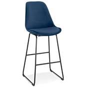 Tabouret de bar 'GUSTO' en velours bleu pieds tréteaux et repose pieds en métal noir dossier haut