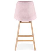 Tabouret snack mi-hauteur scandinave 'CHAIRMAN MINI' velours rose 4 pieds bois naturel dossier haut