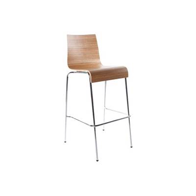 Tabouret de bar design 'Kadra' en bois zébré avec 4 pieds en métal chromé et dossier haut