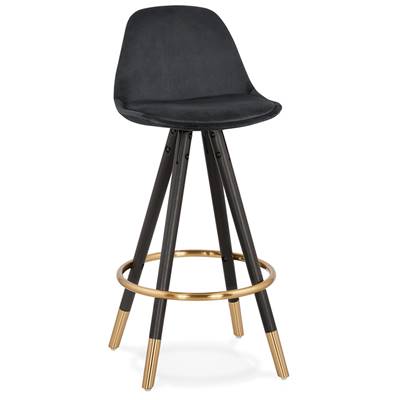 Tabouret snack mi-hauteur 'MODEN MINI' velours noir 4 pieds bois noir pieds métal doré dossier haut