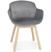 Chaise design à accoudoirs 'MAJESTY' en velours gris et 4 pieds en bois naturel