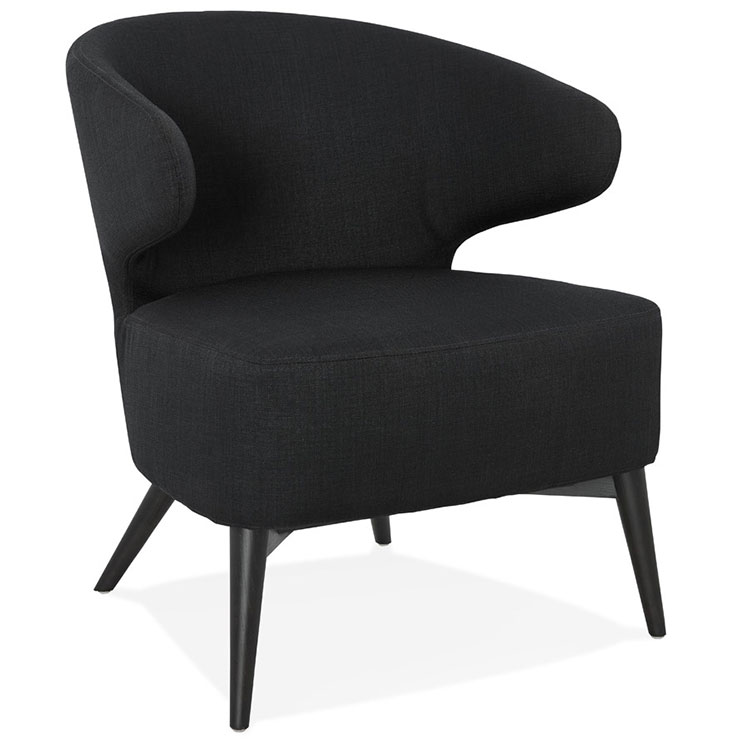 Fauteuil lounge design à accoudoirs 'BLACK COBBE' en tissu noir pieds en bois noir